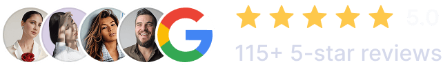 Five profile photos, Google logo, five yellow stars, "5.0" rating, and text reading "115+ 5-star reviews" on a transparent background—trusted Air Conditioning experts proudly serving Jacksonville and all of Florida.