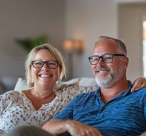 Smiling middle-aged couple wearing glasses sit close together on a couch in a warmly lit Florida living room, enjoying the comfort of modern air conditioning.